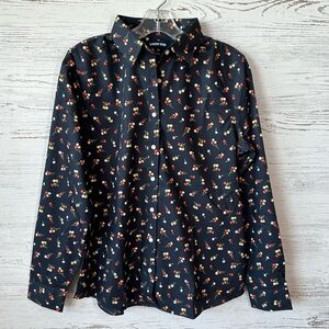 NWT LANDS’ END Black Floral No Iron Suprima Cotton Button Down Shirt 10